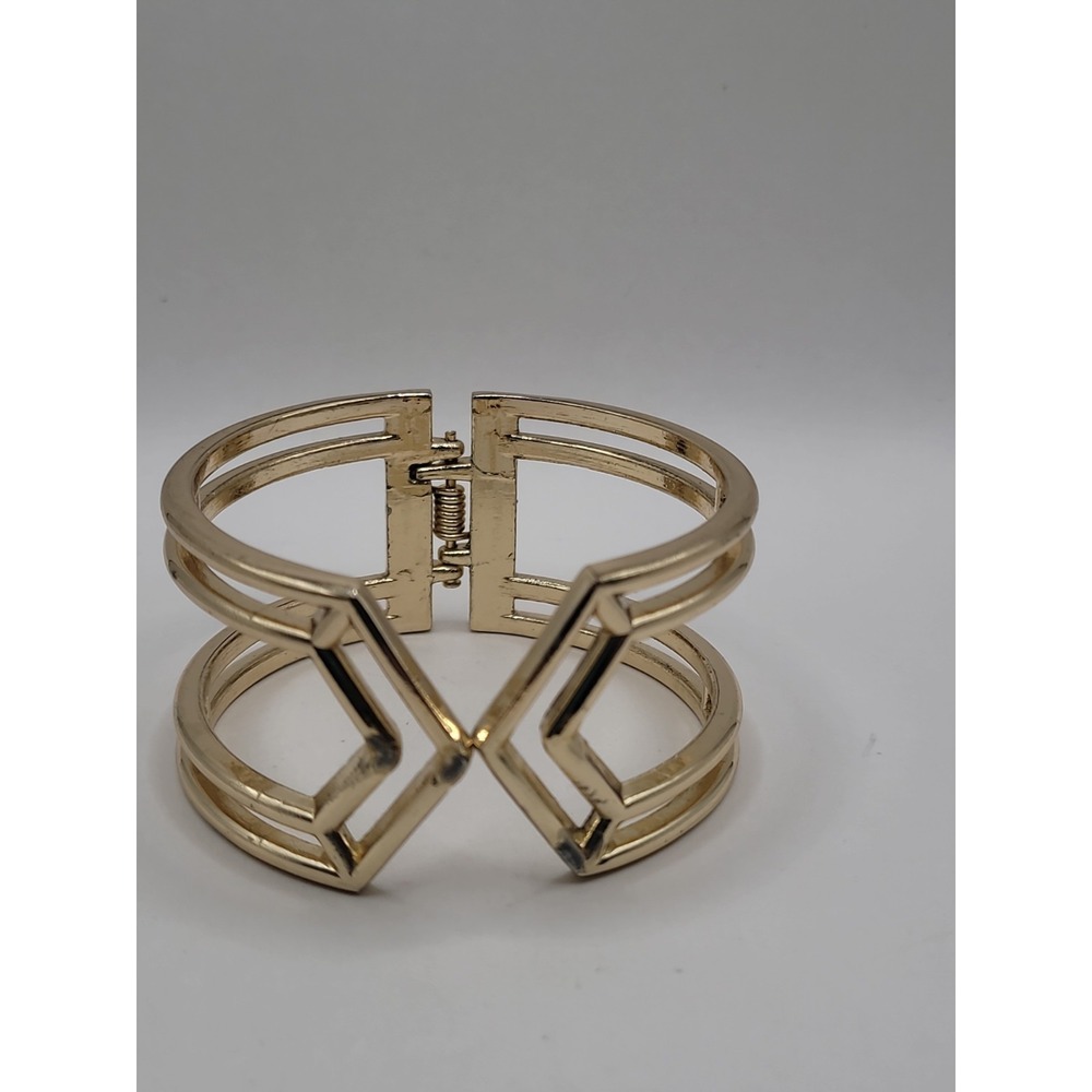 Gold Tone Geometric Openwork Hinged Cuff Bracelet Modernist Statement